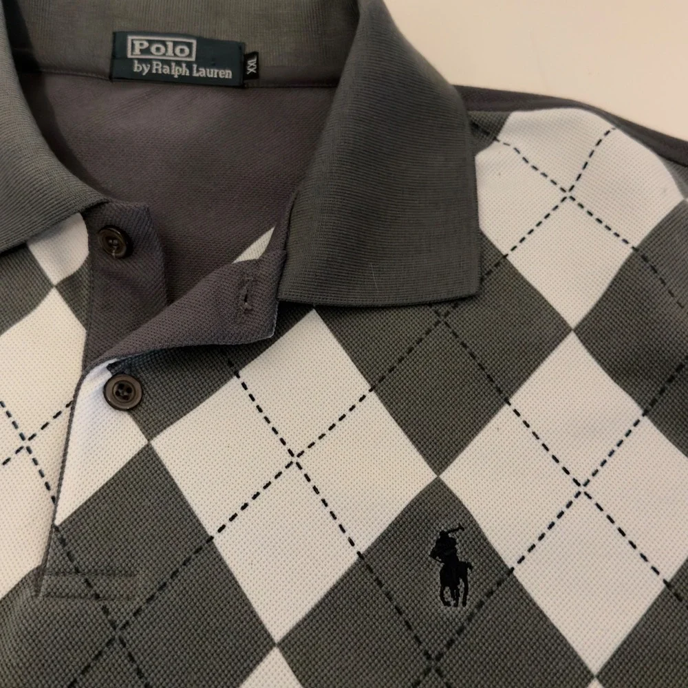Polo Ralph Lauren Mens XXL Gray Argyle Long Sleeve Cotton Pique‎ Polo Shirt Rare